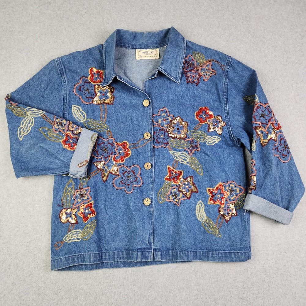 Tantrums Denim Jacket Womens L Blue Floral Embroidered Sequin Art To Wear Boho